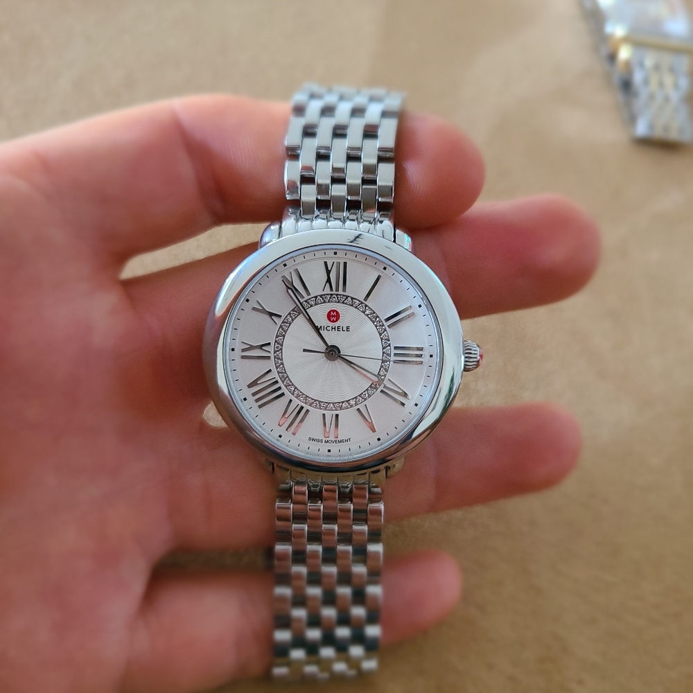 Michele Women's Silver Stainless Steel Bracelet Watch with White Dial